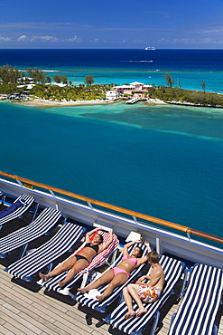 Deck of cruise ship and Paradise Island, Nassau, New Providence Island, Bahamas, West Indies, Central America