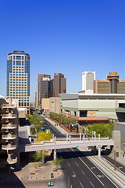 Washington Street and skyline, Phoenix, Arizona, United States of America, North America