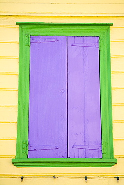 Purple window shutters, St. Johns, Antigua Island, Antigua and Barbuda, Leeward Islands, Lesser Antilles, West Indies, Caribbean, Central America