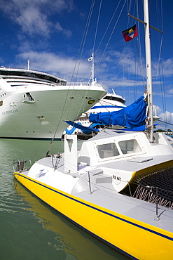 Catamaran and cruise ships, Heritage Quay, St. Johns, Antigua Island, Antigua and Barbuda, Leeward Islands, Lesser Antilles, West Indies, Caribbean, Central America