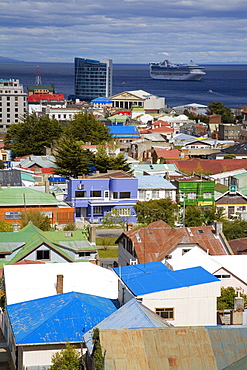 View of Punta Arenas city from La Cruz Hill, Magallanes Province, Patagonia, Chile, South America