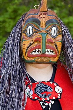 Tlingit Indian wearing face mask, Icy Strait Point Cultural Center, Hoonah City, Chichagof Island, Southeast Alaska, United States of America, North America