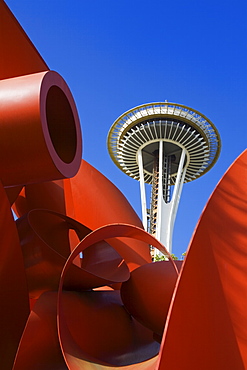 Olympic Iliad sculpture by Alexander Liberman and Space Needle, Seattle Center, Seattle, Washington State, United States of America, North America