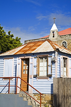 Wooden house and Ebenezer Methodist church, St. Johns, Antigua, Antigua and Barbuda, Leeward Islands, Lesser Antilles, West Indies, Caribbean, Central America