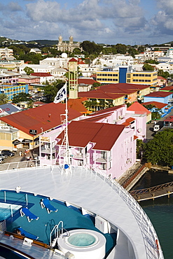 St. Johns and bow of cruise ship, Antigua Island, Antigua and Barbuda, Leeward Islands, Lesser Antilles, West Indies, Caribbean, Central America