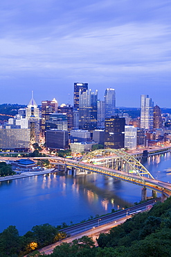 Pittsburgh skyline and Fort Pitt Bridge over the Monongahela River, Pittsburgh, Pennsylvania, United States of America, North America