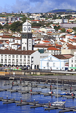 Main Church clock tower, Ponta Delgada City, Sao Miguel Island, Azores, Portugal, Atlantic, Europe 