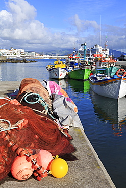 Fishing boats in harbour, Ponta Delgada Port, Sao Miguel Island, Azores, Portugal, Atlantic, Europe