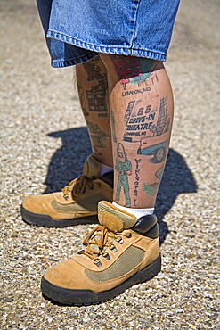 Man covered in Route 66 Tattoos, Afton Gas Station Museum & Visitor Center, Oklahoma, United States of America, North America