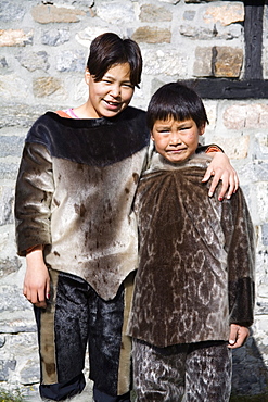 Native children wearing seal skin clothing, Museum in Nanortalik Port, Island of Qoornoq, Province of Kitaa, Southern Greenland, Kingdom of Denmark, Polar Regions