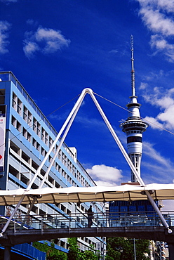 Hobson Street pedestrian bridge and Sky Tower, Auckland, North Island, New Zealand, Pacific