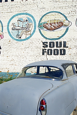 Detail of mural, Classic Ville car wash and cafe, Meldrum Street, Rivertown area, Detroit, Michigan, United States of America, North America