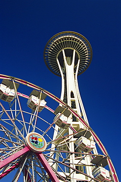 Ferris wheel and Space Needle, Seattle Center, Seattle, Washington state, United States of America, North America