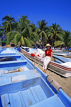 Fishing boats, Principal Beach, Zihuatanejo village, Guerrero State, Mexico, North America