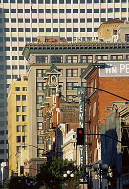 Looking down 5th Avenue, Gaslamp district, San Diego, California, United States of America, North America