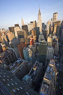 Wide angle view of the city skyline including the Chrysler Building and Empire State Building from the UN Plaza Hotel, early morning, Manhattan, New York, United States of America, North America