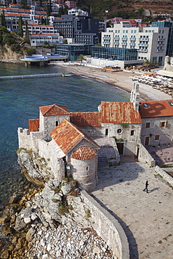 Church of St. Sava and Church of Santa Maria in Punta, Budva old town with the beach beyond, Budva, Montenegro, Europe