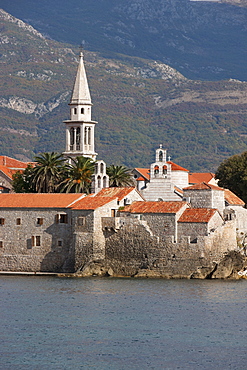 Budva fortified old town on the Adriatic coast with the tower of St. John's Church, Budva, Montenegro, Europe