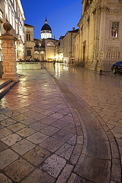 Dome of Cathedral illuminated at dusk, Old Town, UNESCO World Heritage Site, Dubrovnik, Croatia, Europe