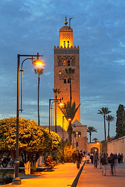 The Minaret of Koutoubia Mosque illuminated at night, UNESCO World Heritage Site, Marrakech, Morocco, North Africa, Africa