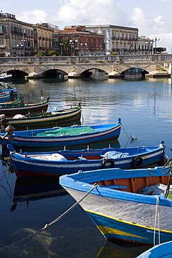 Traditional fishing boats in harbour, Ortygia, Syracuse, Sicily, Italy, Mediterranean, Europe