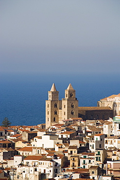 Distant view of Cathedral, Cefalu, Sicily, Italy, Mediterranean, Europe