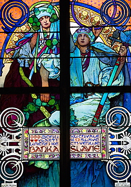 Stained glass window, St. Vitus's Cathedral, UNESCO World Heritage Site, Prague, Czech Republic, Europe