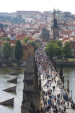 View of Charles Bridge over River Vltava, UNESCO World Heritage Site, from Old Town Bridge Tower, Prague, Czech Republic, Europe