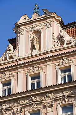 Facade of building with Art Nouveau architecture, Old Town Square, Old Town, Prague, Czech Republic, Europe