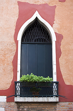 Ornate window of canal side building, Venice, Veneto, Italy, Europe