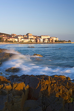 Old town and beach, L'lle Rousse, Corsica, France, Mediterranean, Europe