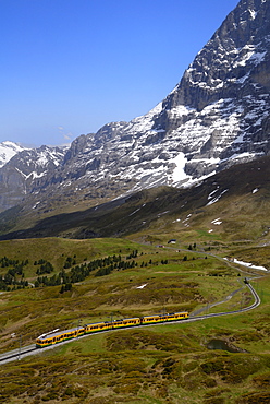 Train from Grindelwald on route to Kleine Scheidegg, Bernese Oberland, Swiss Alps, Switzerland, Europe