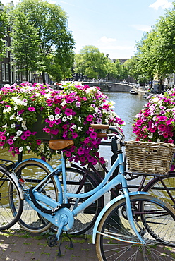 Brightly coloured blue bicycle and flower baskets on a bridge over a canal, Utrechtsestraat, Amsterdam, North Holland, Netherlands, Europe