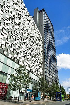 View of St Paul's Tower, a new apartment block, and the Q-Park Car Park building nicknamed Cheese grater located at St Paul's Place / Arundel Gate, Heart of the City Quarter,