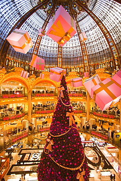 Galeries Lafayette interior during Christmas time, Paris, France, Europe