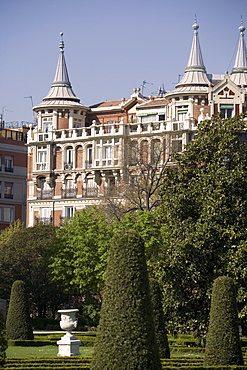 Retiro Park and building outside the park, Madrid, Spain, Europe