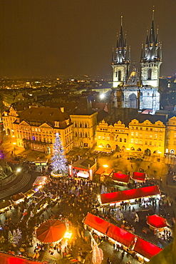 Old Town Square and Tyn Cathedral at Christmas time, viewed from Old Town Hall, Prague, Czech Republic, Europe