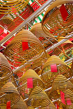 Giant spiral incense coils at the Man Mo Chinese Temple, Central District, Hong Kong Island, Hong Kong, China, Asia