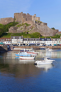 Mount Orgueil Castle, overlooking Grouville Bay in Gorey, Jersey, Channel Islands, United Kingdom, Europe