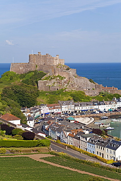 Mount Orgueil Castle, overlooking Grouville Bay in Gorey, Jersey, Channel Islands, United Kingdom, Europe