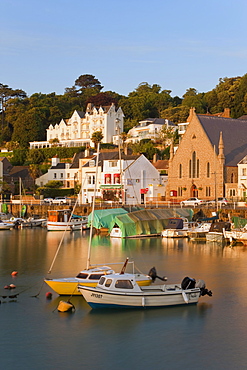 Boats and yachts moored at St. Aubins Harbour, Jersey, Channel Islands, United Kingdom, Europe