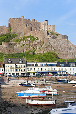 Mount Orgueil Castle, overlooking Grouville Bay in Gorey, Jersey, Channel Islands, United Kingdom, Europe