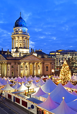 Traditional Christmas Market at Gendarmenmarkt, illuminated at dusk, Berlin, Germany, Europe