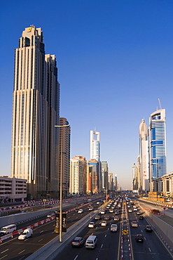 Sheikh Zayed Road, traffic and new high rise buildings along Dubai's main road, Dubai, United Arab Emirates, Middle East