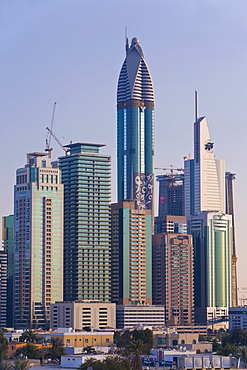 Elevated view of the new Dubai skyline of modern architecture and skyscrapers along Sheikh Zayed Road, Dubai, United Arab Emirates, Middle East