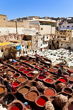 Chouwara traditional leather tannery in Old Fez, vats for tanning and dyeing leather hides and skins, Fez, Morocco, North Africa, Africa