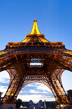 View upwards from underneath the Eiffel Tower, Paris, France, Europe