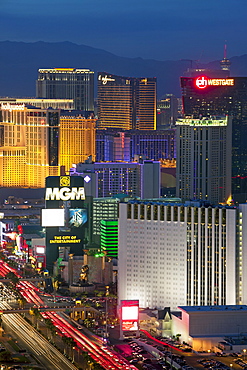 Elevated dusk view of the hotels and casinos along the Strip, Las Vegas, Nevada, United States of America, North America