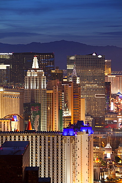 Elevated view of the hotels and casinos along The Strip at dusk, Las Vegas, Nevada, United States of America, North America