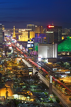 Elevated view of the hotels and casinos along The Strip at dusk, Las Vegas, Nevada, United States of America, North America